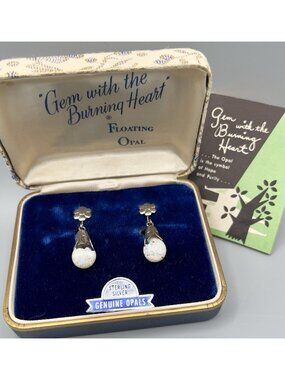Vintage Opalite Sterling Silver Floating Opal Dangle Screw Back Earrings NOS